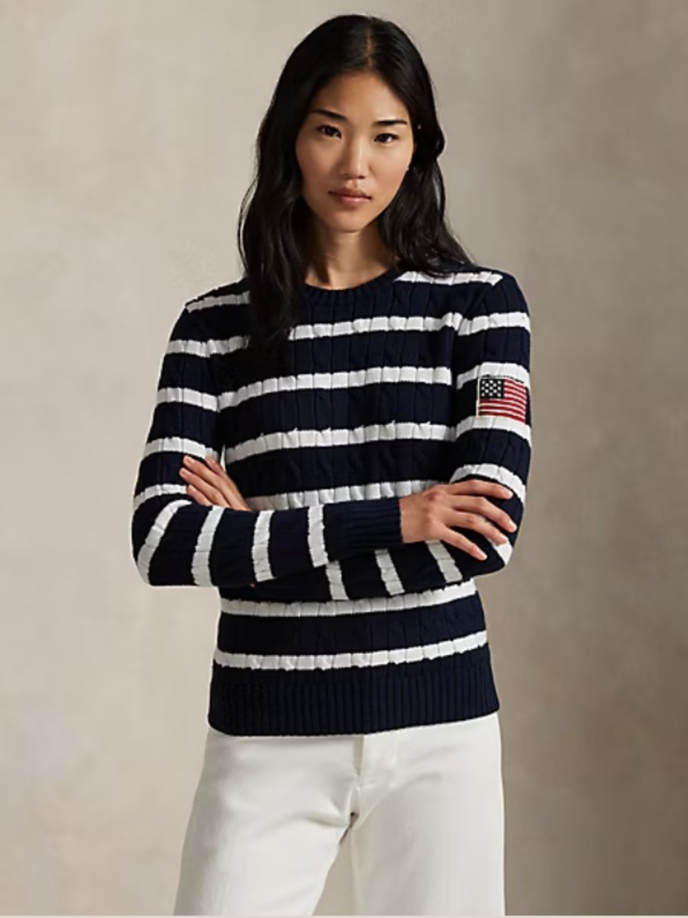 POLO Ralph Lauren Flag-Patch Striped Cable Cotton Sweater